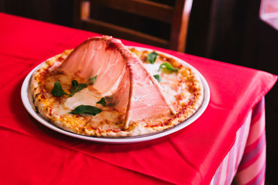 High angle view of meal served on table