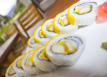 Close-up of sushi served in plate