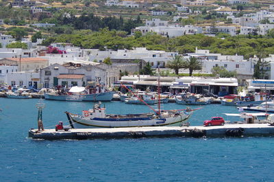 High angle view of boats moored in sea