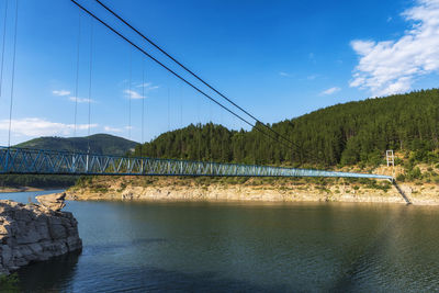 Scenic view of river by mountain against sky