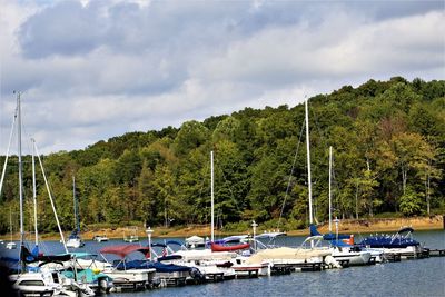 Sailboats moored on lake against sky