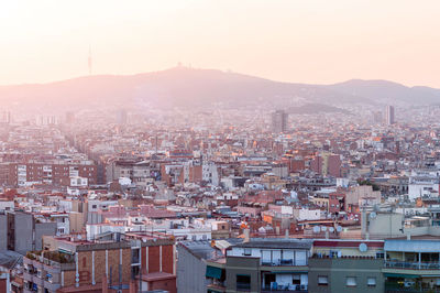 High angle view of townscape against sky during sunset