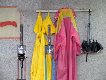 Multi colored umbrellas hanging on clothesline