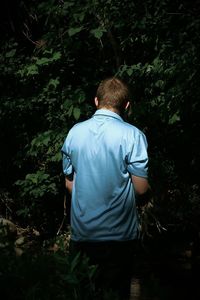 Rear view of a boy looking into the forest