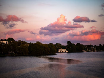 Scenic view of river against sky at sunset