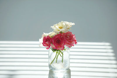 Close-up of rose bouquet in glass vase with light and shadow 