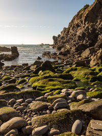 Rocks on beach against sky