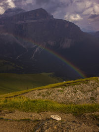 Scenic view of rainbow over land against sky