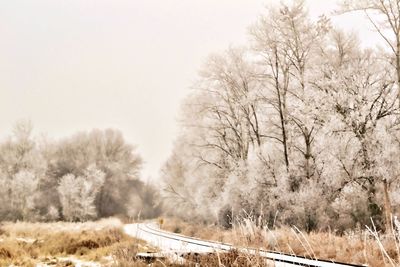 Snow covered landscape against clear sky