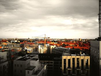 High angle view of buildings in city against sky
