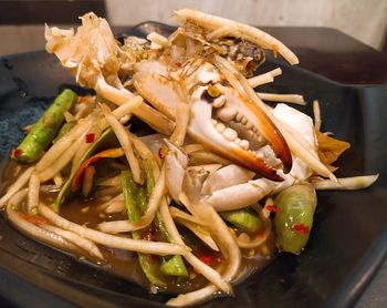 High angle view of pasta in plate on table