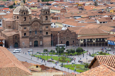 High angle view of buildings in town