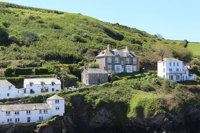 Houses by trees and mountains against clear sky