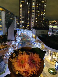 High angle view of illuminated building at night