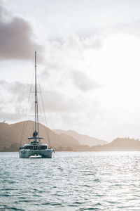 Sailboat sailing on sea against sky