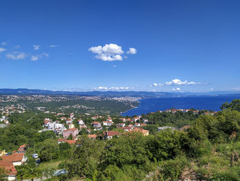 View of townscape against blue sky