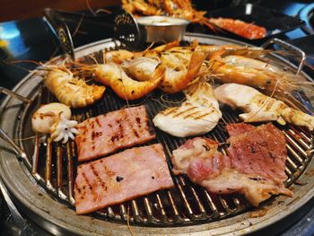 High angle view of meat in cooking pan