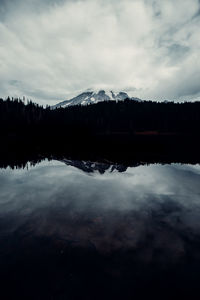 Scenic view of lake in forest against sky