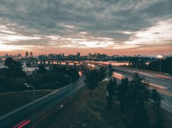 High angle view of road against sky at sunset