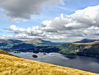 Scenic view of lake and mountains against sky