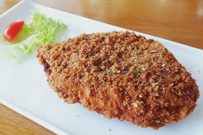 High angle view of food in plate on table