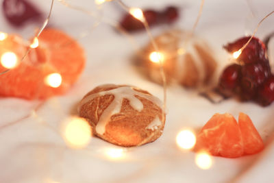 Close-up of christmas lights on table