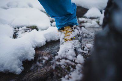 Low section of person walking on snow