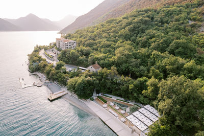 High angle view of trees and mountains