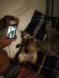 Close-up of man using mobile phone at home