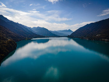 Scenic view of lake by mountains against sky