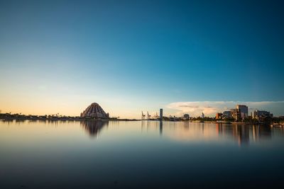 Scenic view of river against sky at sunset