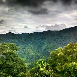 Scenic view of mountains against cloudy sky