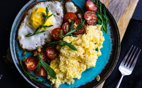 High angle view of breakfast served in plate