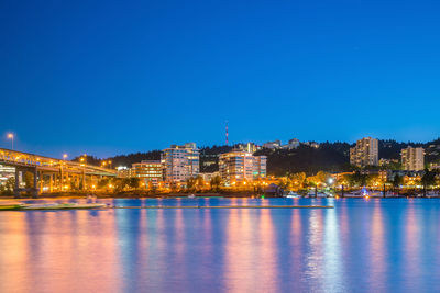 Illuminated buildings by river against clear blue sky at night