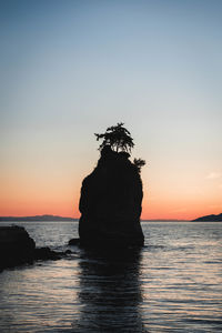 Silhouette rock on sea against sky during sunset