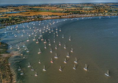 High angle view of buildings in sea