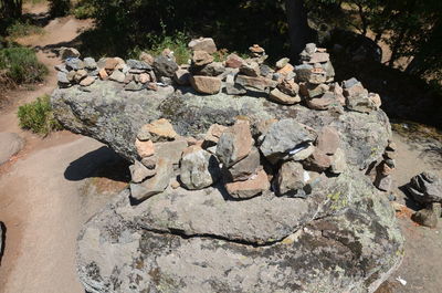 High angle view of stone sculpture on rock