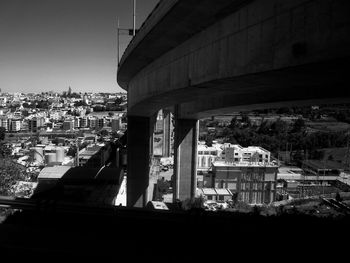 Bridge over buildings in city against clear sky