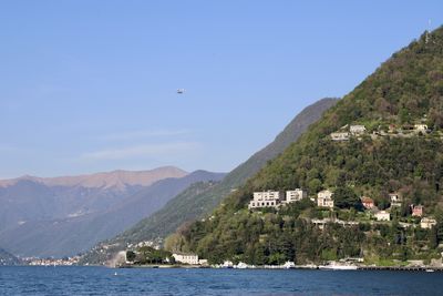 Scenic view of sea and mountains against sky