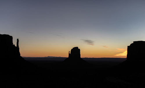 Silhouette rocks on land against sky during sunset