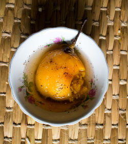 High angle view of soup in bowl on table