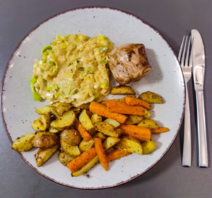 High angle view of food in plate on table