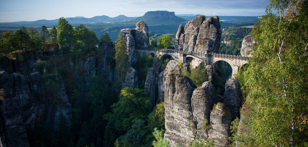 Bastei bridge and rocky mountains at saxon switzerland