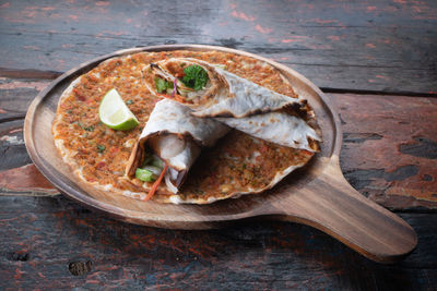 Close-up of food served on table