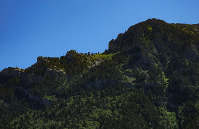 Low angle view of rocks against clear blue sky