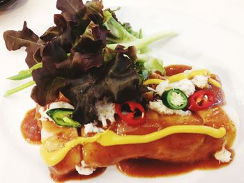 Close-up of served food on table