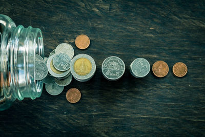 High angle view of coins on table