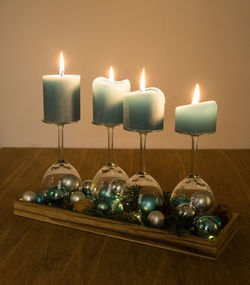 Close-up of candles on table