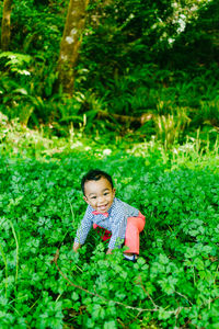 Straight on portrait of a baby boy playing in the grass outdoors