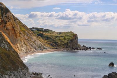 Scenic view of mountains and sea against sky